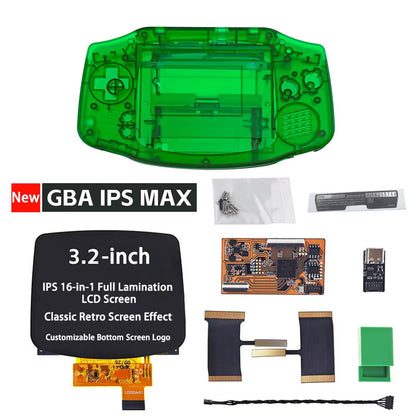 The Game Boy Advance IPS MAX 3.2" Upgrade Kit includes a green transparent custom shell, fully laminated display, circuit boards, cables, buttons, screws, and USB adapter—everything you need for your next GBA screen upgrade.