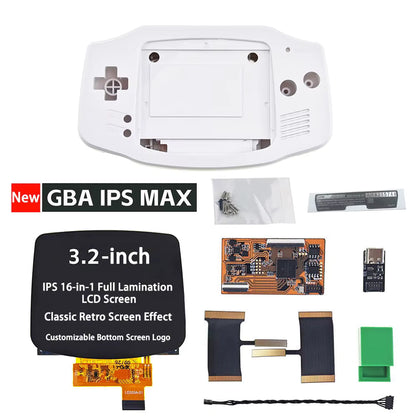 The Game Boy Advance IPS MAX 3.2" Upgrade Kit | Laminated Screen + Custom Shell includes a white shell, fully laminated 3.2" IPS MAX screen, boards, ribbon cables, USB connector, green tool, and screw—the ultimate GBA screen upgrade.