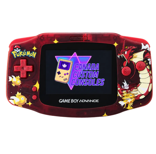 Red Game Boy Advance with custom design and 'Canada Custom Consoles' text on screen