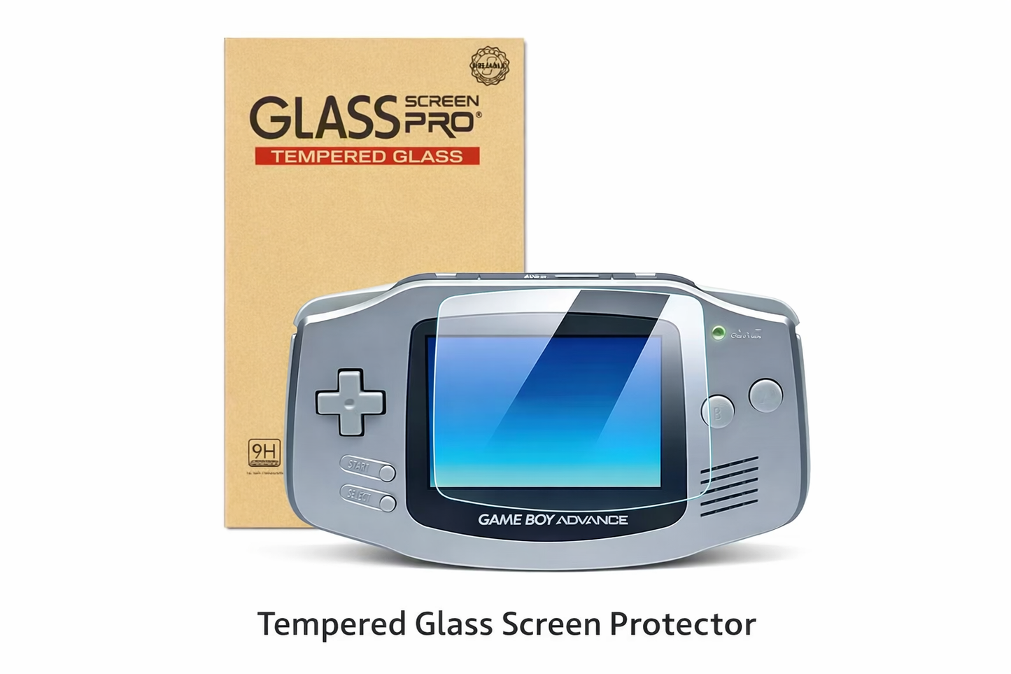 Game Boy Advance with tempered glass screen protector and packaging on a white background