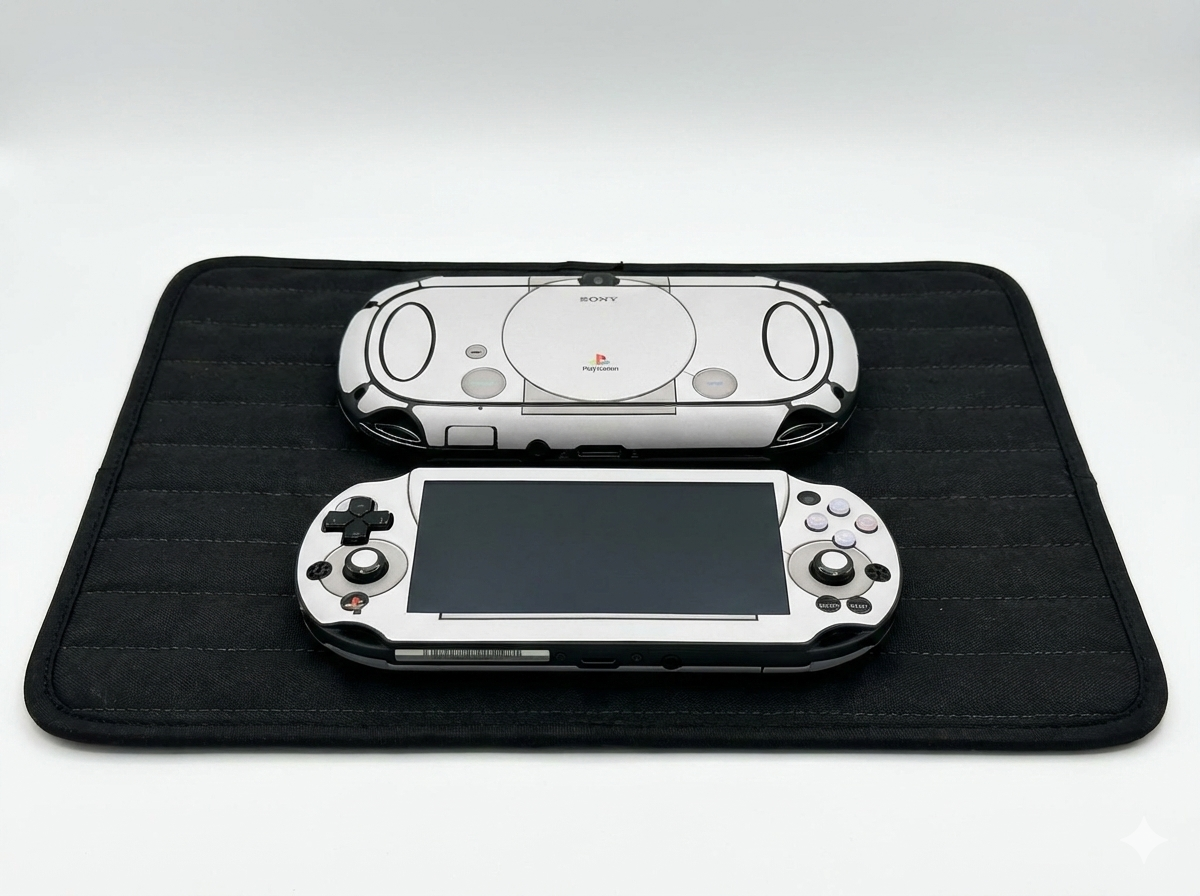 Two gaming consoles on a black mat with a white background