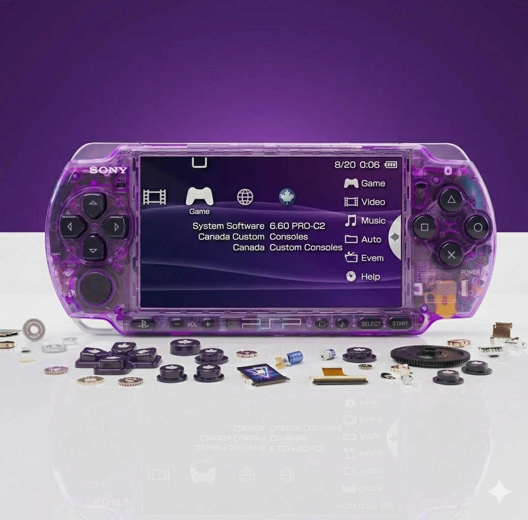 A PSP 3000 (128GB) in an atomic purple transparent shell stands upright against a matching background, with various small electronic parts and screws scattered on the white surface in front.