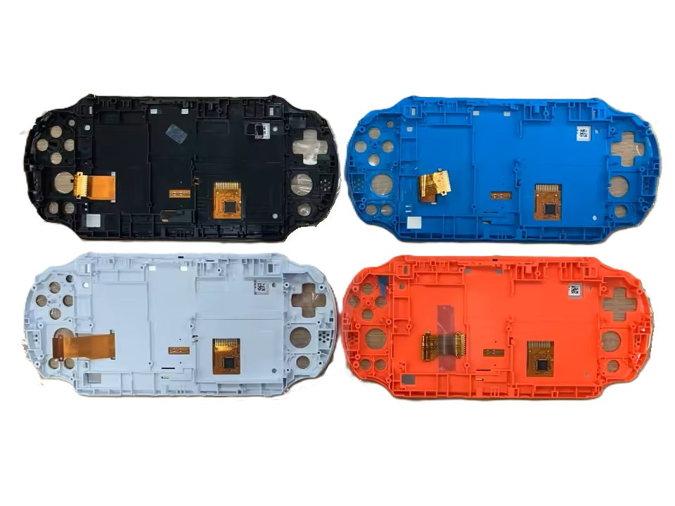Four disassembled PSP shells—black, blue, white, and orange—display internal circuits and button areas, ideal for PS Vita 1000 / 1001 OLED Screen & Touch Digitizer Replacement or related projects.