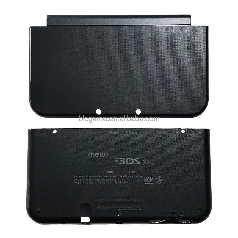 Black back cover of a New 3DS XL gaming console on a white background