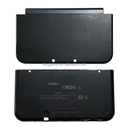 Black back cover of a New 3DS XL gaming console on a white background