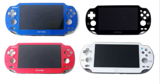 Four PS Vita 1000/1001 consoles in blue, black, red, and white are displayed front-facing on a white background, showcasing control buttons and vibrant OLED screens with the OLED Screen & Touch Digitizer Replacement installed.