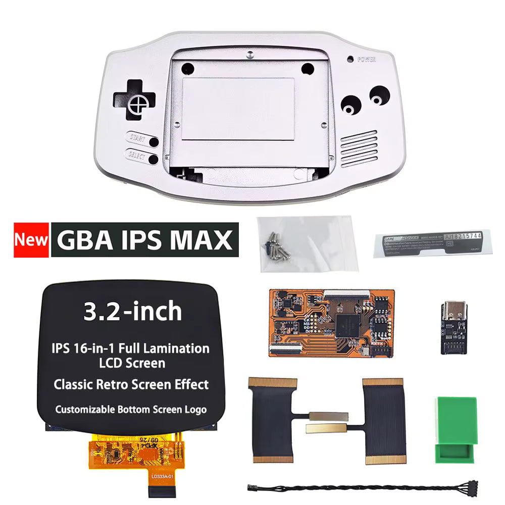 The Game Boy Advance IPS MAX 3.2" Upgrade Kit | Laminated Screen + Custom Shell, with shell, IPS screen, circuit boards, ribbon cables, USB adapter, tool, and screws, is arranged on a white background for this screen upgrade showcase.