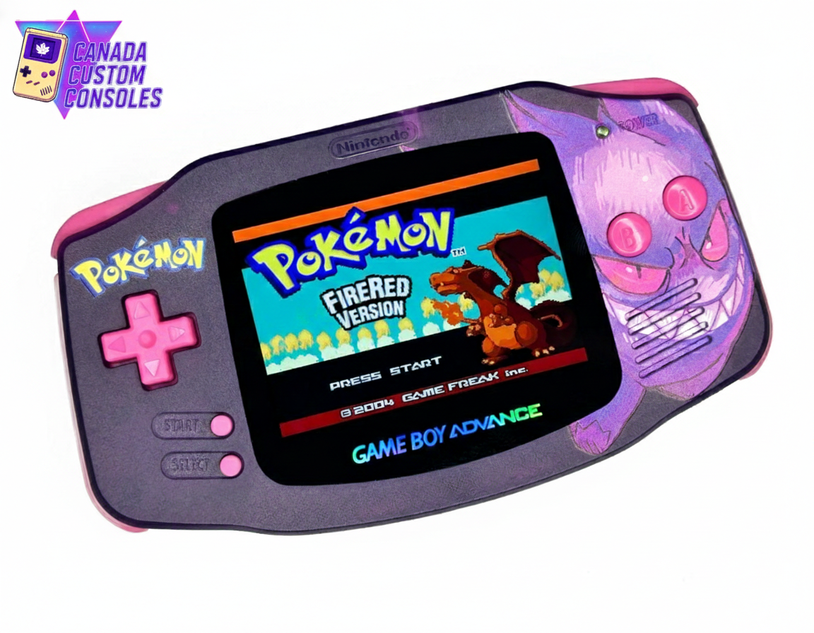 The Game Boy Advance –Gengar Edition features an IPS 3.0 Laminated Display, Gengar-themed artwork, purple and pink buttons, Pokémon FireRed on screen, and the Canada Custom Consoles logo in the top left corner.