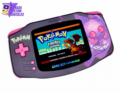 The Game Boy Advance –Gengar Edition features an IPS 3.0 Laminated Display, Gengar-themed artwork, purple and pink buttons, Pokémon FireRed on screen, and the Canada Custom Consoles logo in the top left corner.