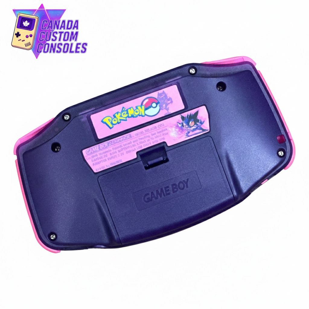 The back of the Game Boy Advance – Gengar Edition | IPS 3.0 Laminated Display | Custom Build showcases purple and pink details, a Pokémon sticker, and the Canada Custom Consoles logo in the top left corner.