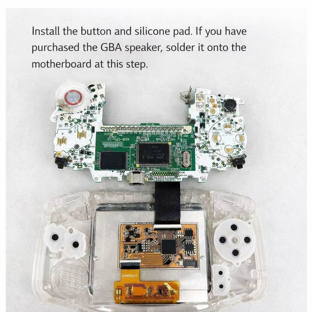 A Game Boy Advance IPS MAX 3.2" Upgrade Kit | Laminated Screen + Custom Shell is shown mid-assembly, exposing its circuit board, buttons, silicone pad, and custom shell. Instruction text highlights the new laminated IPS MAX display upgrade.