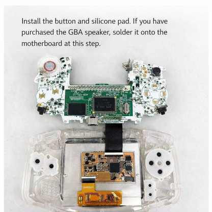 A Game Boy Advance IPS MAX 3.2" Upgrade Kit | Laminated Screen + Custom Shell is shown mid-assembly, exposing its circuit board, buttons, silicone pad, and custom shell. Instruction text highlights the new laminated IPS MAX display upgrade.