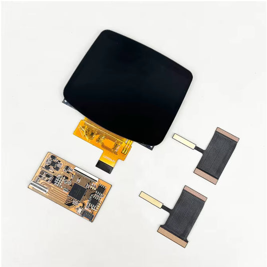 The Game Boy Advance IPS MAX 3.2" Upgrade Kit features a black laminated display, exposed yellow PCB, extra circuit board, and two black ribbon cables—perfect for your GBA mod or screen upgrade—all shown on a white background.