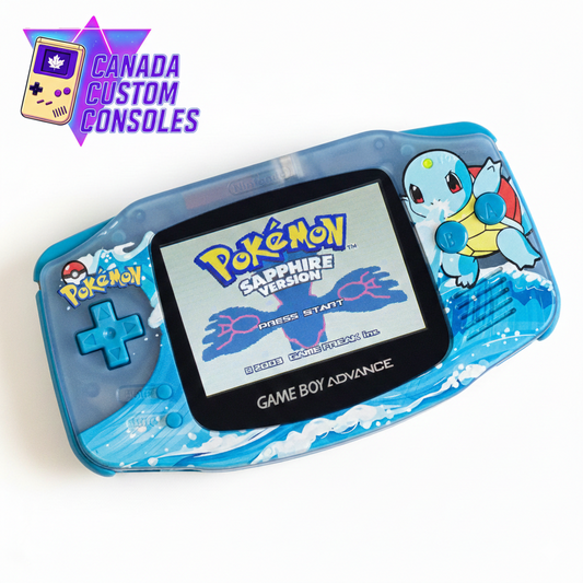 Blue Game Boy Advance with 'Pokémon Sapphire Version' on screen, featuring Squirtle, on a white background with 'Canada Custom Consoles' logo.