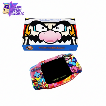 Colorful Game Boy Advance with cartoon cow design on a white background