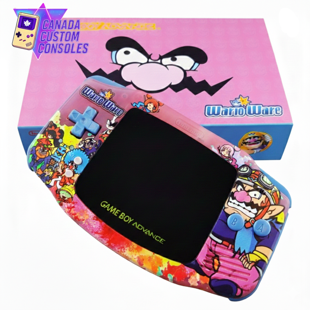 Colorful Game Boy Advance with cartoon characters on a pink box labeled 'Canada Custom Consoles'.