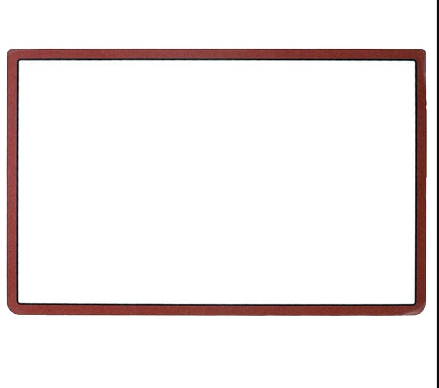 A rectangular, empty whiteboard with a thin, dark red frame resembles the New Nintendo 3DS XL / LL Upper Screen Glass Lens Replacement (Various Colors) against a white background.