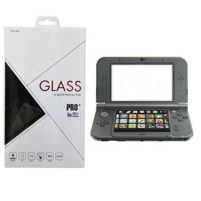 A Nintendo New 3DS XL Tempered Glass Screen Protector Set for top and bottom displays is shown beside a 3DS XL console, with its lower screen displaying colorful app icons.