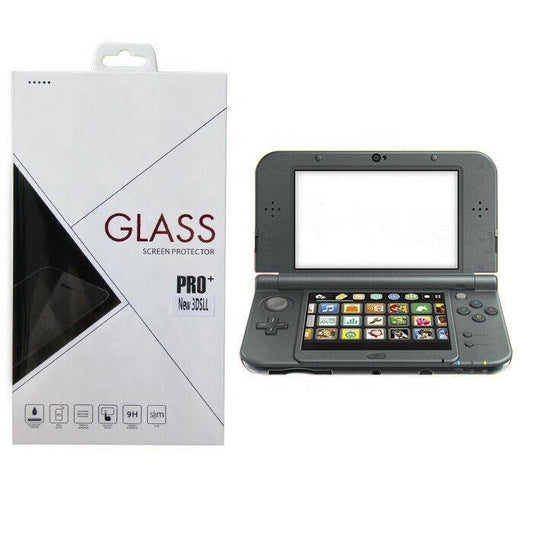 A Nintendo New 3DS XL Tempered Glass Screen Protector Set for top and bottom displays is shown beside a 3DS XL console, with its lower screen displaying colorful app icons.