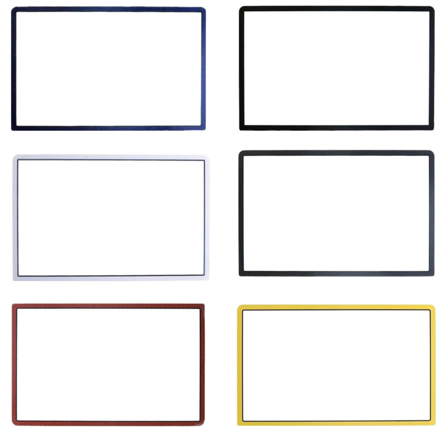 Six New Nintendo 3DS XL/LL Upper Screen Glass Lens Replacements in blue, black, white, dark gray, brown, and yellow are arranged in two columns and three rows on a white background.