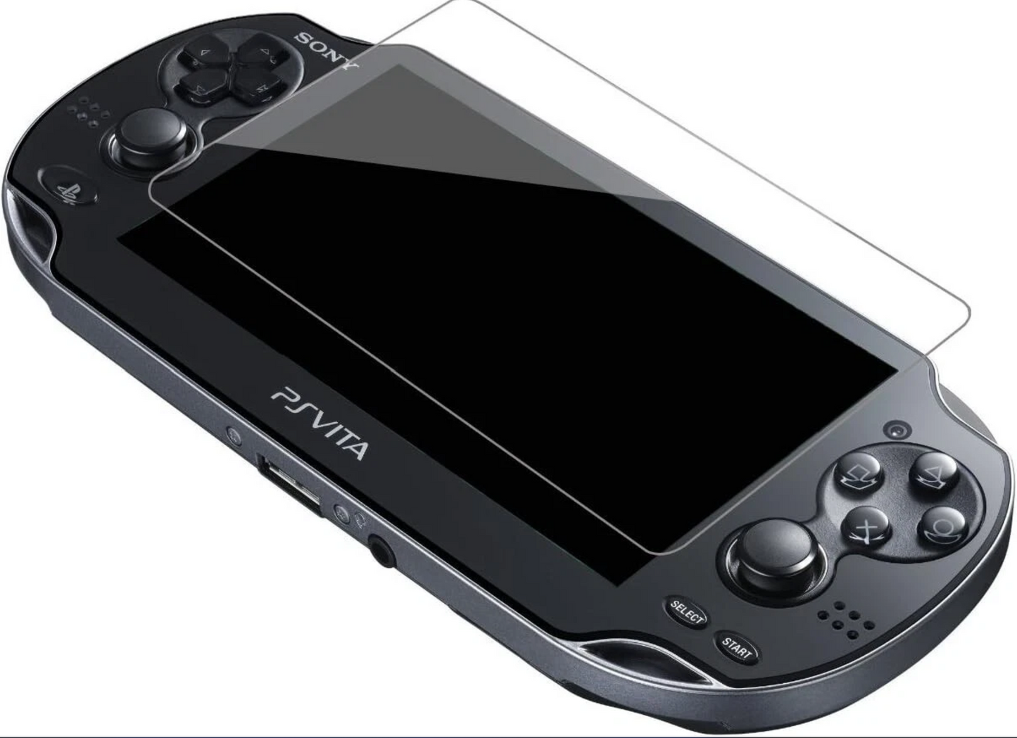 A black Sony PlayStation Vita with a partially applied PS Vita 1000 Tempered Glass Screen Protector for enhanced OLED display protection.