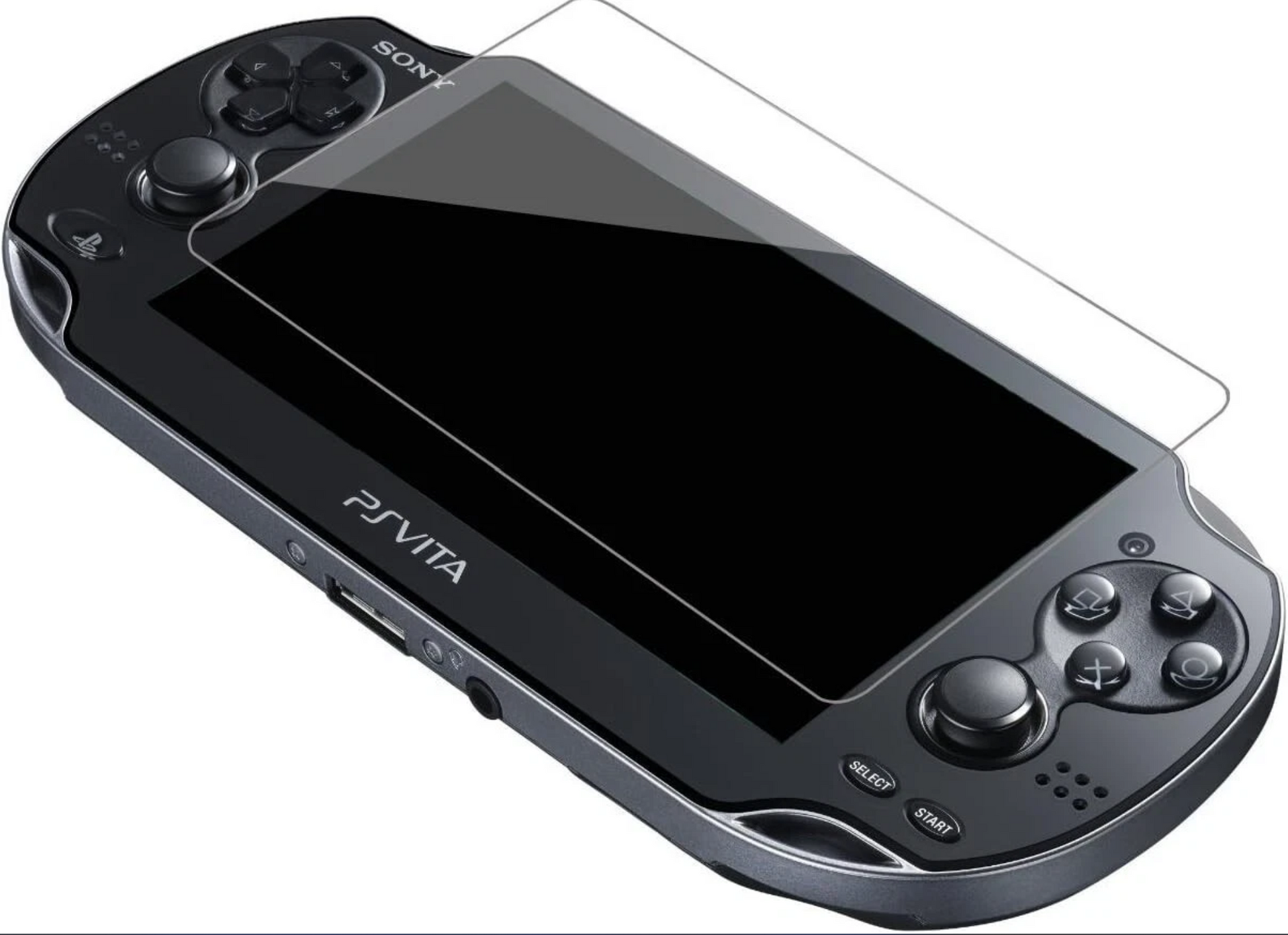 A black Sony PlayStation Vita with a partially applied PS Vita 1000 Tempered Glass Screen Protector for enhanced OLED display protection.