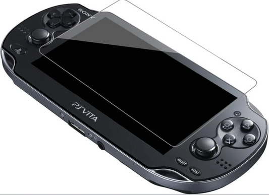 A black Sony PlayStation Vita with a partially applied PS Vita 1000 Tempered Glass Screen Protector for enhanced OLED display protection.