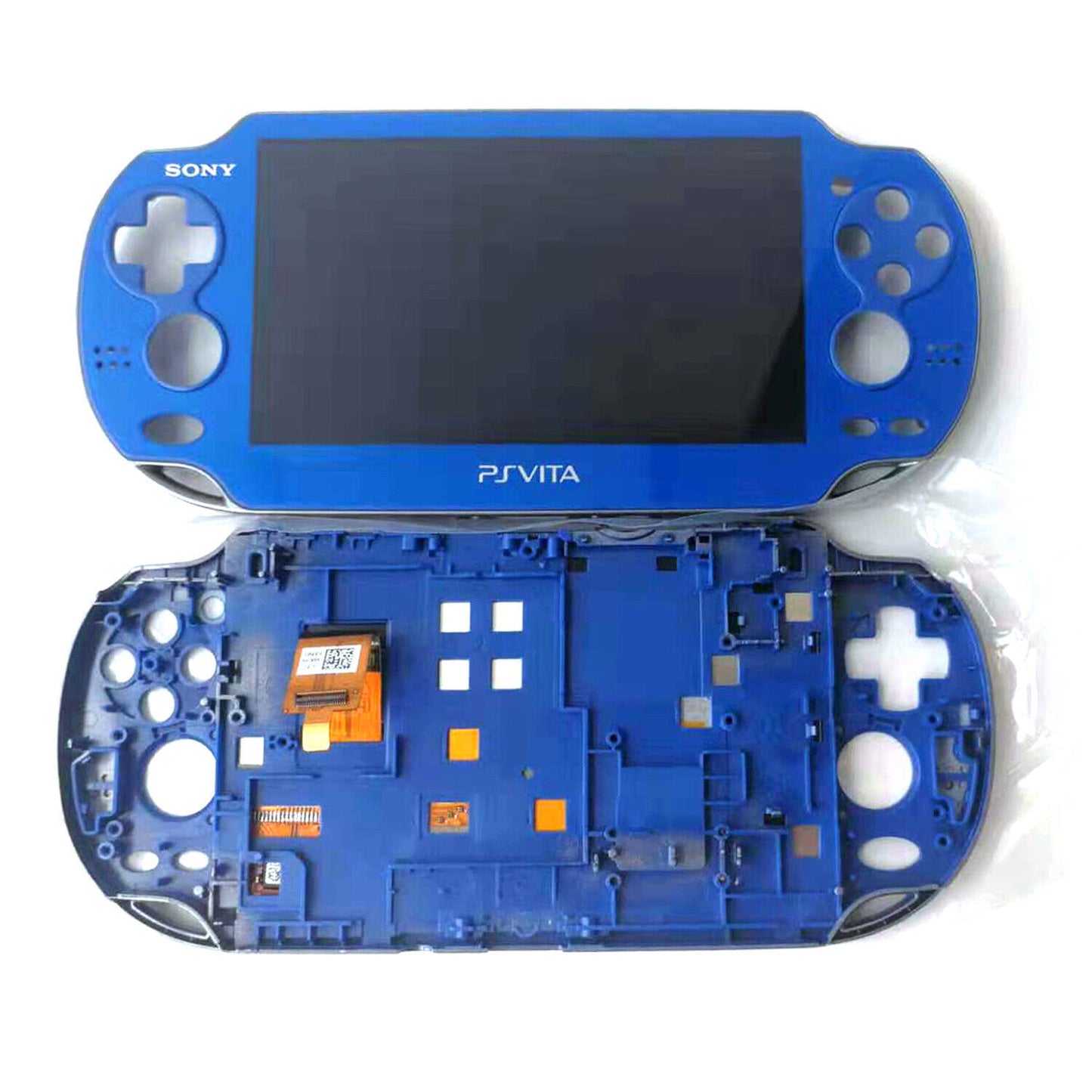 A blue PS Vita 1000 / 1001 is shown: one unit fully assembled, another with the back casing removed to display the OLED Screen & Touch Digitizer Replacement, all set against a white background.