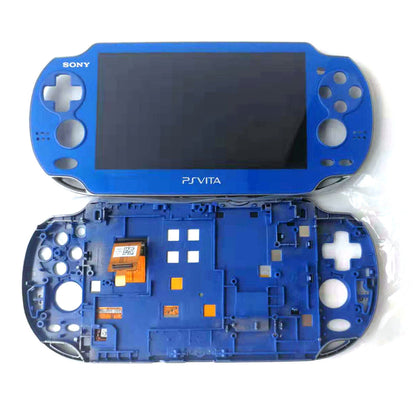 A blue PS Vita 1000 / 1001 is shown: one unit fully assembled, another with the back casing removed to display the OLED Screen & Touch Digitizer Replacement, all set against a white background.