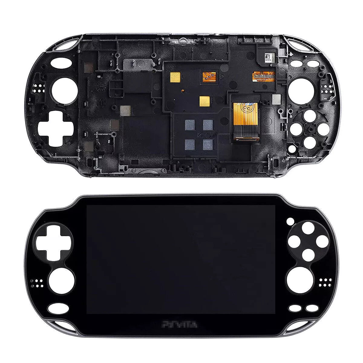 The image shows two PS Vita 1000 / 1001 — OLED Screen & Touch Digitizer Replacement faceplates: the top reveals internal connectors for the touch digitizer, while the bottom displays exterior cutouts for buttons and an OLED screen.