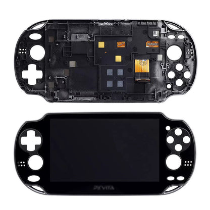 The image shows two PS Vita 1000 / 1001 — OLED Screen & Touch Digitizer Replacement faceplates: the top reveals internal connectors for the touch digitizer, while the bottom displays exterior cutouts for buttons and an OLED screen.
