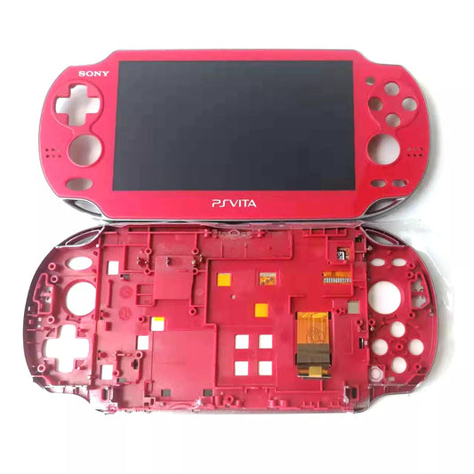 A PS Vita 1000 / 1001 OLED Screen & Touch Digitizer Replacement is displayed with the front and back covers removed, exposing the internal frame, button slots, and spaces for the OLED display and touch digitizer components.