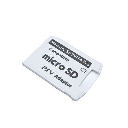 A white SD2Vita 5.0 MicroSD Adapter for PS Vita, labeled "Compatible micro SD PSV Adaptor," is shown on a plain white background, angled to the left—perfect for any modded PS Vita console.