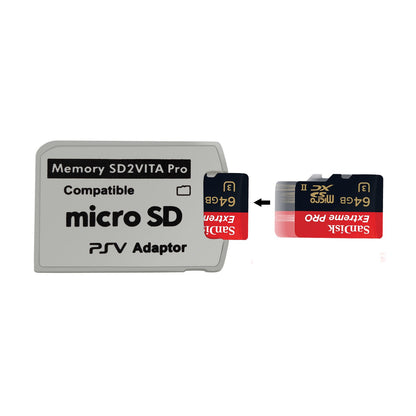A white SD2Vita 5.0 MicroSD Adapter for PS Vita is placed next to a 64GB SanDisk Extreme Pro MicroSD card, with an arrow indicating how to insert the MicroSD card into the adapter.