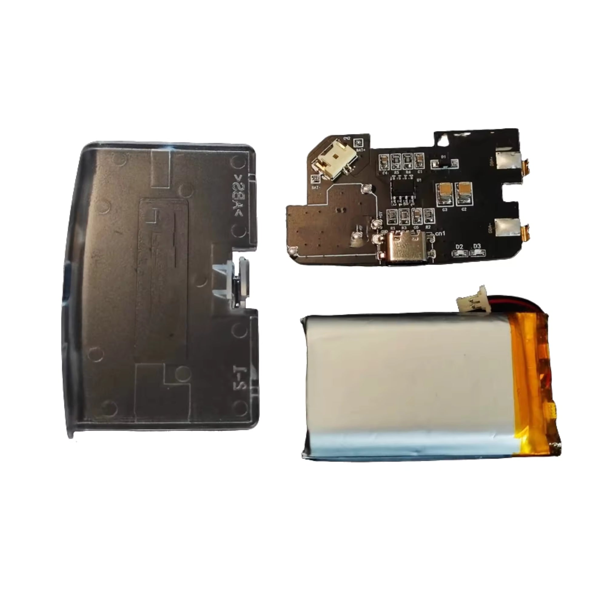 The Game Boy Advance – Gengar Edition | IPS 3.0 Laminated Display | Custom Build features a see-through casing inspired by the Gengar Edition, a circuit board with chips/connectors, and a silver-orange rectangular lithium polymer battery, all shown on white.